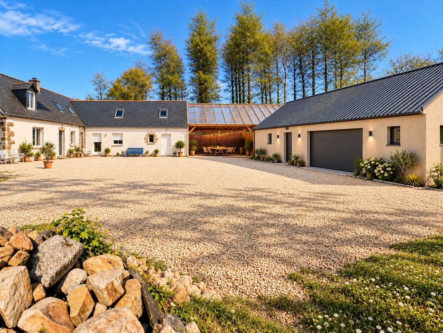Lantrennou, perspective du projet : grange transformée en garage et préau vitré